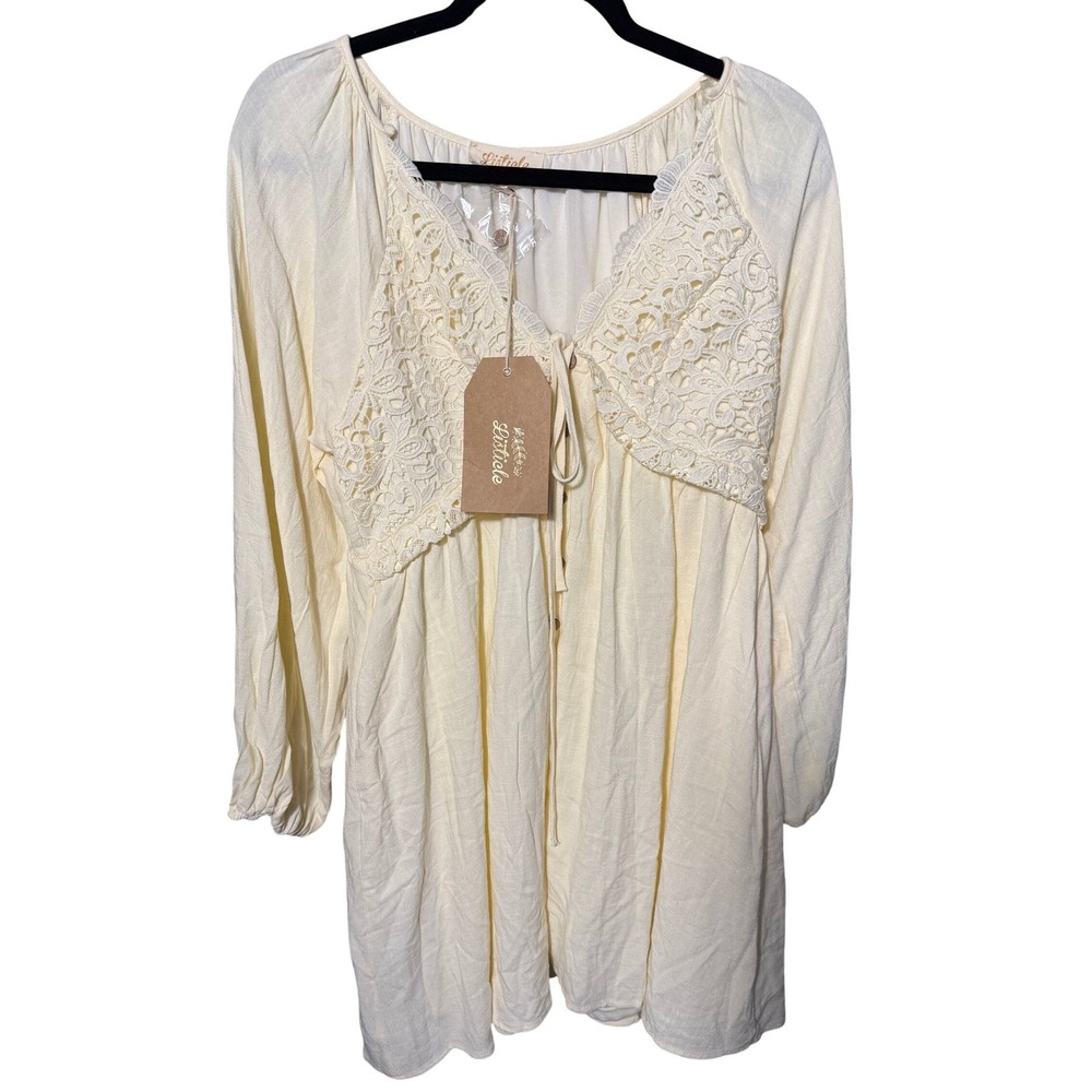 Listicle Cream Lace Crochet Boho Mini Dress Long Sleeve Button Front Small NEW